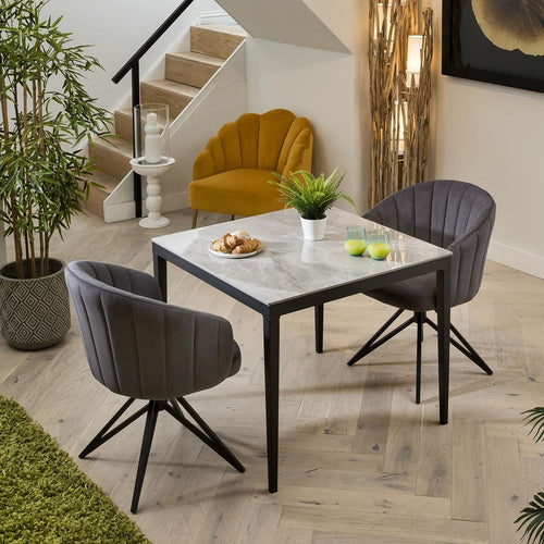 Modern 2 Person Dining Set - Grey Ceramic Table - Swivel Dining Chairs