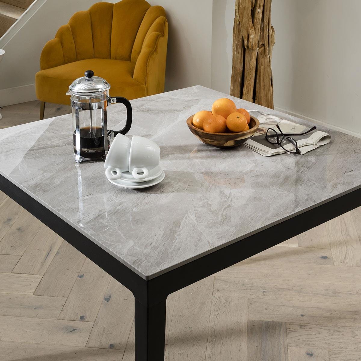 Quatropi Modern 2 Person Dining Set - Grey Ceramic Table - Swivel Dining Chairs