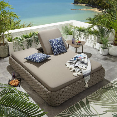 Quatropi Modern 2 Person Double Sun Lounger Sunbed Rope Weave Beige 203x152cm