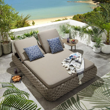 Quatropi Modern 2 Person Double Sun Lounger Sunbed Rope Weave Beige 203x152cm