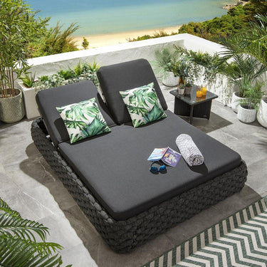 Quatropi Modern 2 Person Double Sun Lounger Sunbed Rope Weave Grey 203x152cm