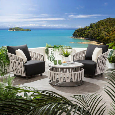 Quatropi Modern 2 Seater Garden Armchair Set with Coffee Table Light Grey Rope