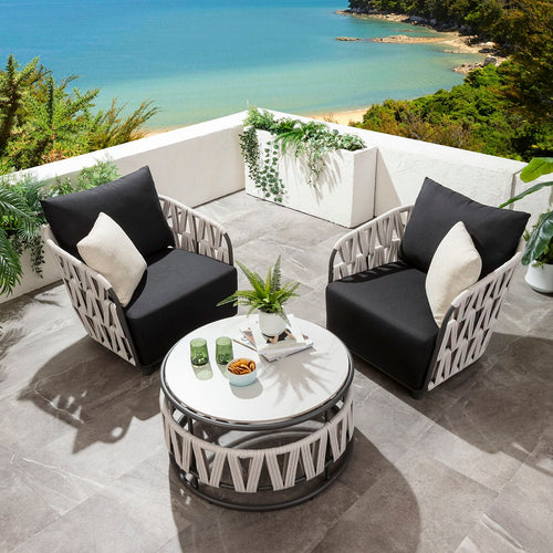 ZigZag 2 Seater Garden Armchair Set with Coffee Table Mono Rope