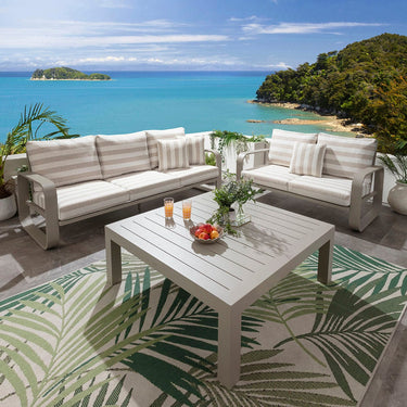 Quatropi Modern 3 Seater Aluminium Outdoor Garden Sofa Cream Beige Stripe 230cm