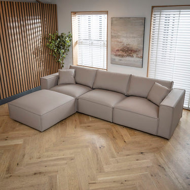 Quatropi Modern 3 Seater Beige Leather Sofa and Footstool 309x196cm