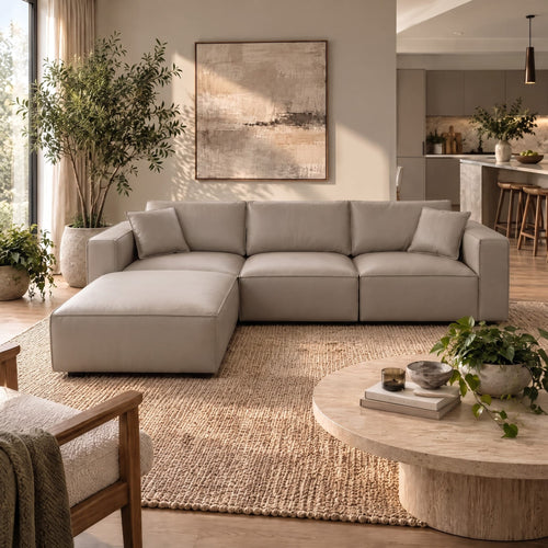 Rupert Leather 3 / 4 Seater Sofa & Footstool Mushroom Beige 309x196cm 2