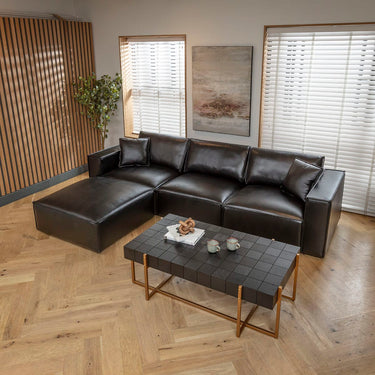 Quatropi Modern 3 Seater Black Leather Sofa and Footstool 309x196cm