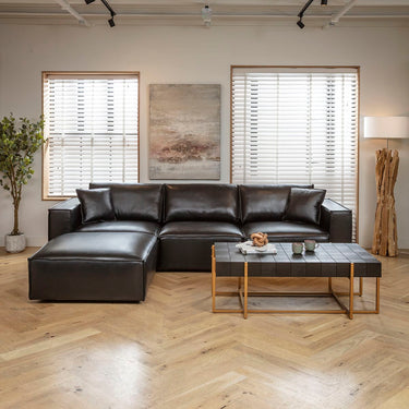 Quatropi Modern 3 Seater Black Leather Sofa and Footstool 309x196cm