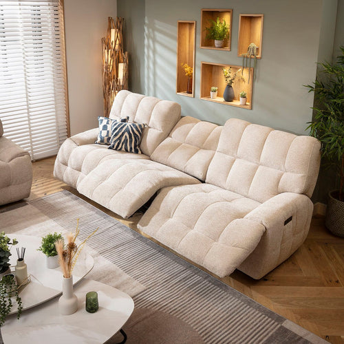 Luca Modern 3 Seater Triple Electric Recliner Sofa Beige Chenille 290cm 1R1