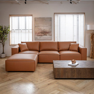 Quatropi Modern 3 Seater Tan Leather Sofa and Footstool 309x196cm