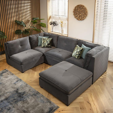 Quatropi Modern 4 Seat Small Modular L Shape Corner Sofa Couch Grey Velvet Fabric
