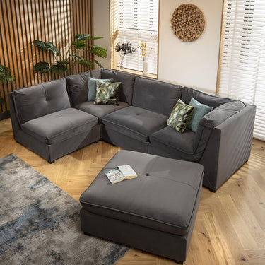 Quatropi Modern 4 Seat Small Modular L Shape Corner Sofa Couch Grey Velvet Fabric