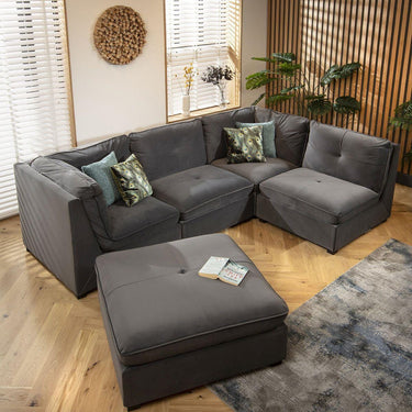 Quatropi Modern 4 Seat Small Modular L Shape Corner Sofa Couch Grey Velvet Fabric