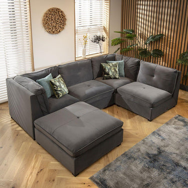 Quatropi Modern 4 Seat Small Modular L Shape Corner Sofa Couch Grey Velvet Fabric