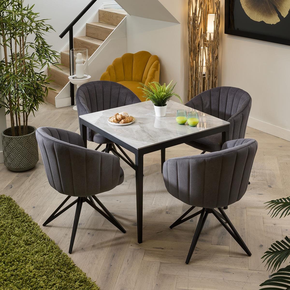 Modern 4 Seater Dining Table And Chairs Set - Grey Ceramic Marble Tabl ...