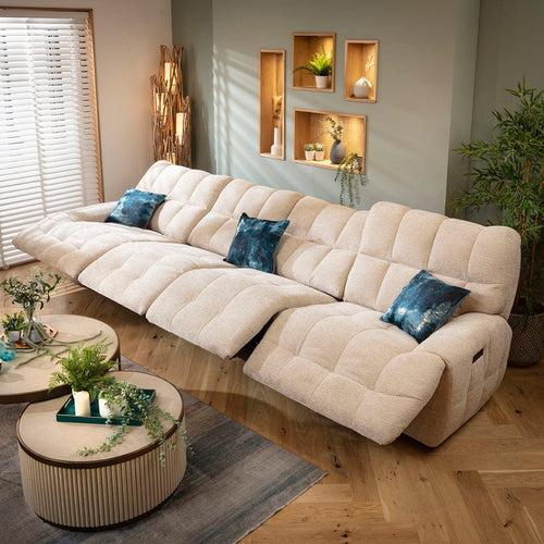 Luca Modern 4 Seater Quad Electric Recliner Sofa Beige Chenille 370cm 16R2