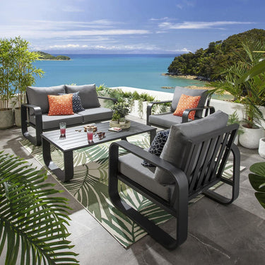 Quatropi Modern 4 Seater Outdoor Garden Sofa Set Black Aluminium Grey Cushions