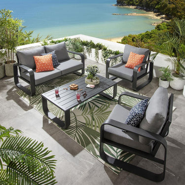 Quatropi Modern 4 Seater Outdoor Garden Sofa Set Black Aluminium Grey Cushions