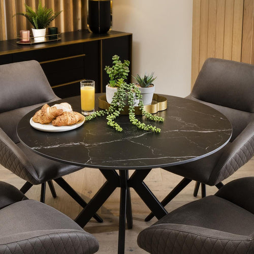 Modern 4 Seater Round Dining Set - Black Ceramic Table & Swivel Chairs