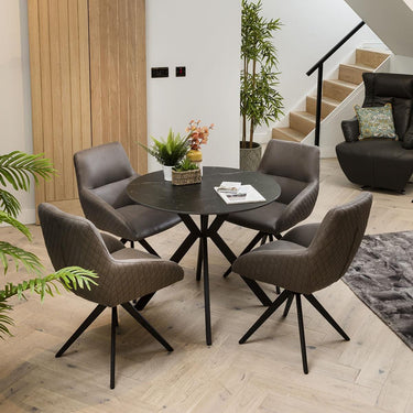 Quatropi Modern 4 Seater Round Dining Set - Black Ceramic Table & Swivel Chairs