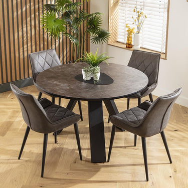 Quatropi Modern 4 Seater Round Dining Table and Chairs Set Dark Grey Black
