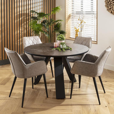 Quatropi Modern 4 Seater Round Dining Table and Chairs Set Light Grey Black