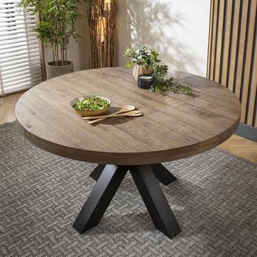 Quatropi Modern 4 Seater Round Dining Table Reclaimed Oak Black Metal 130cm