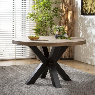 Quatropi Modern 4 Seater Round Dining Table Reclaimed Oak Black Metal 130cm