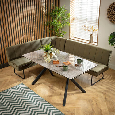 Quatropi Modern 5 Seater Extendable Corner Bench Dining Set Green & Grey Ceramic LRT