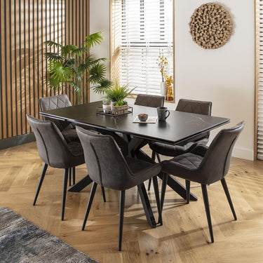 Quatropi Modern 6 Seat Extending Ceramic Dining Table and Chairs Set Grey Black