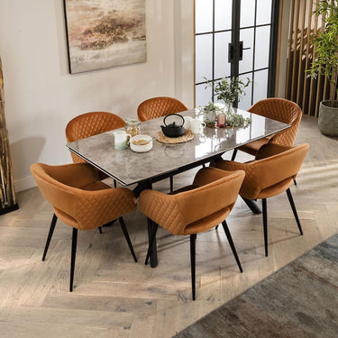 Quatropi Modern 6 Seat Extending Ceramic Marble Dining Set Grey Orange 160-240cm