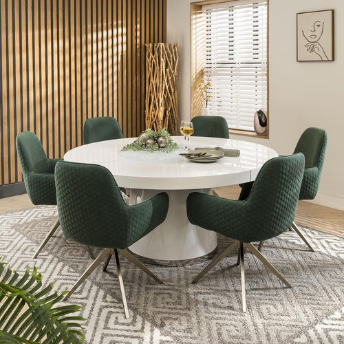 Emma 6 Seater Round Dining Set White & Green Swivel Velvet Chairs