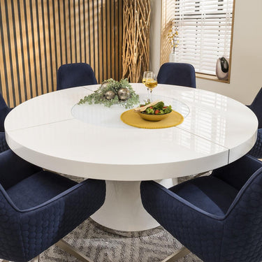 Quatropi Modern 6 Seat Round Dining Set Gloss White And Navy Blue Velvet 160cm