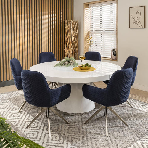 Emma 6 Seater Round Dining Set White & Navy Swivel Velvet Chairs