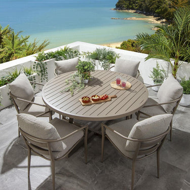 Quatropi Modern 6 Seat Round Garden Table and Chairs Dining Set Aluminium Beige