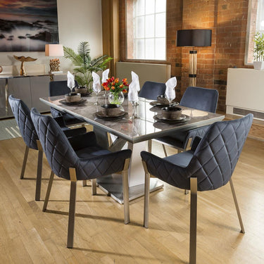 Quatropi Modern 6 Seater Ceramic Marble Dining Table And Chairs Set Grey Blue
