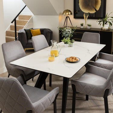 Quatropi Modern 6 Seater Ceramic Marble Dining Table And Chairs Set White Grey