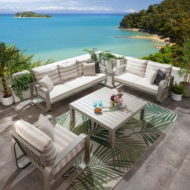 Quatropi Modern 6 Seater Garden Sofa & Armchair Set with Coffee Table Aluminium Cream Beige Stripe