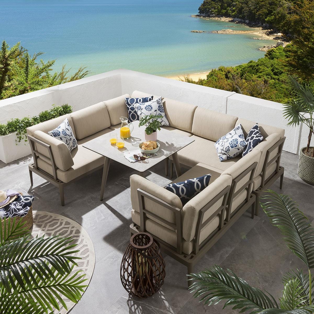 Quatropi Modern 6 Seater Garden Table And Sofa Set | Beige Aluminium & Ceramic