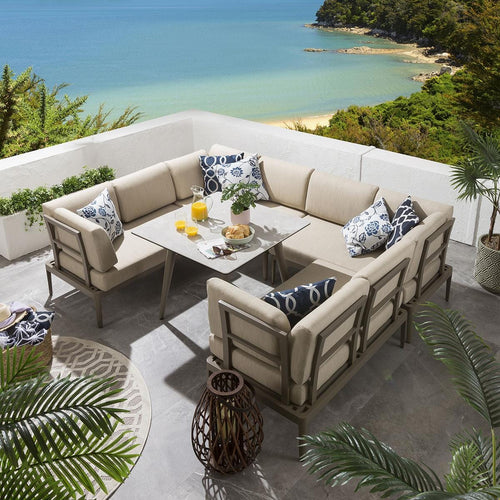 Modern 6 Seater Garden Table And Sofa Set | Beige Aluminium & Ceramic