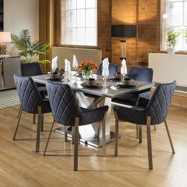 Quatropi Modern 6 Seater Glass Dining Table And Chairs Set Grey Blue Fabric