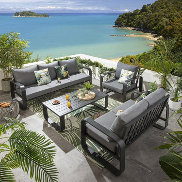 Quatropi Modern 6 Seater Outdoor Garden Sofa Set Black Aluminium Grey Cushions