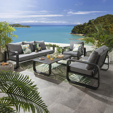 Quatropi Modern 6 Seater Outdoor Garden Sofa Set Black Aluminium Grey Cushions