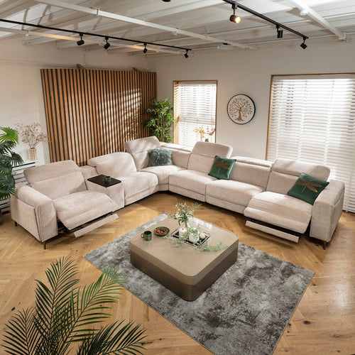 Florance 6 Seater Recliner Corner Sofa & Storage Console Putty Grey 391x342cm