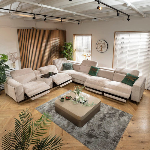 Florance 6 Seater Quad Recliner Corner Sofa & Storage Console Putty Grey 391x342cm