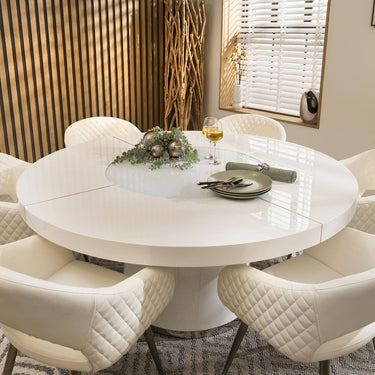 Quatropi Modern 6 Seater Round Dining Set Gloss White Faux Leather 160cm