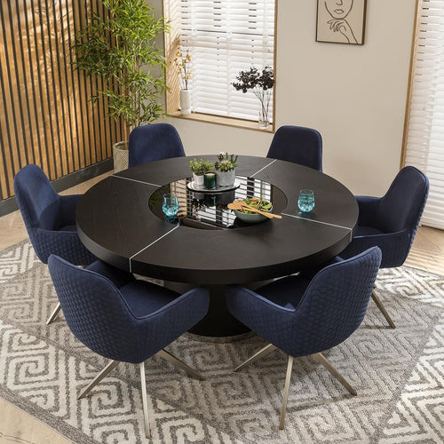 Emma 6 Seater Round Dining Set Black Oak & Navy Swivel Velvet Cahirs