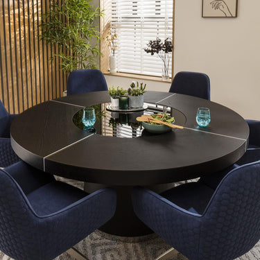 Quatropi Modern 6 Seater Round Dining Set Lazy Susan Black Oak Navy 160cm