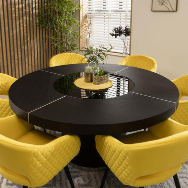 Quatropi Modern 6 Seater Round Dining Set Lazy Susan Black Oak Yellow 160cm