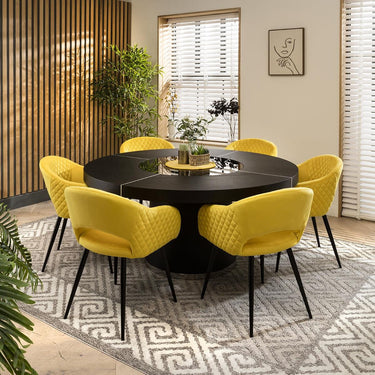 Quatropi Modern 6 Seater Round Dining Set Lazy Susan Black Oak Yellow 160cm